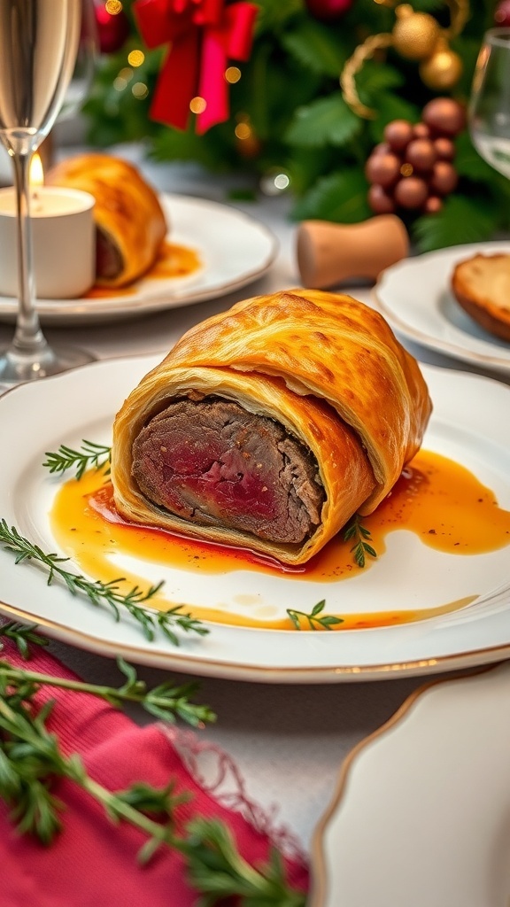 A stunning Beef Wellington with golden pastry and garnished with herbs, displayed on a festive table.
